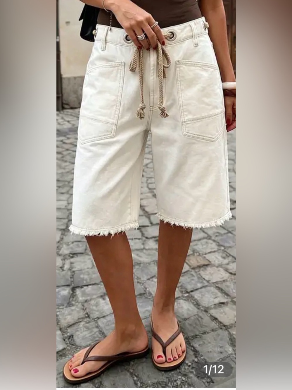 Flamingals Raw Hem Patch Pocket Eyelet Drawstring Mid Rise Bermuda Shorts
